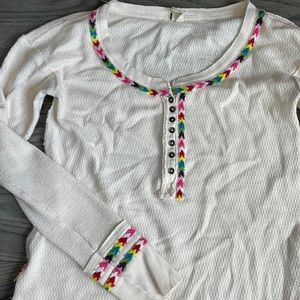 We The Free Cream Color Long Sleeve Tee with Multicolor Trim